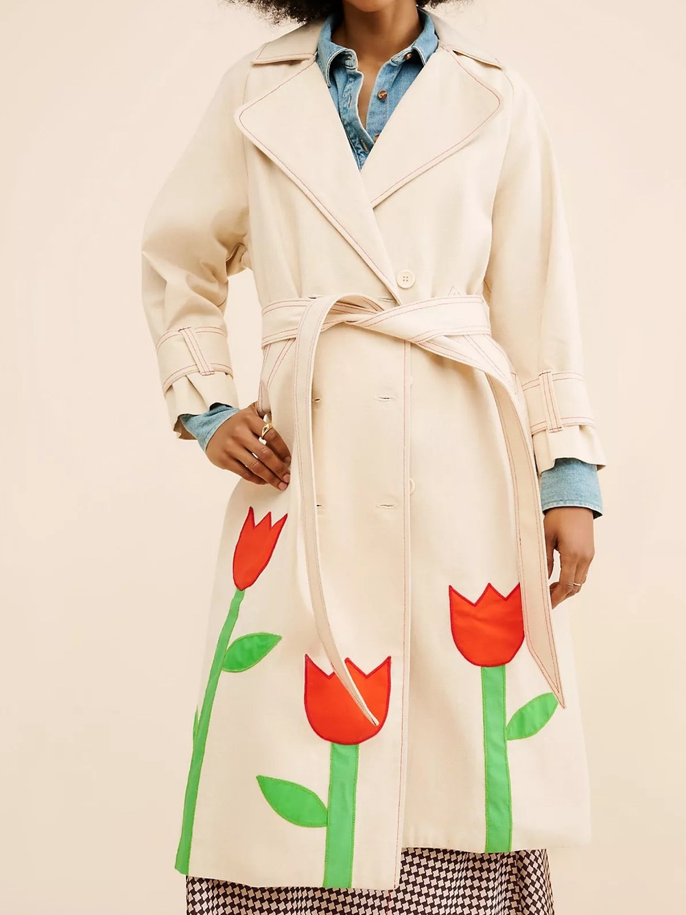 Anthropologie Boyko Tulip Trench Coat Jacket in Beige and Red